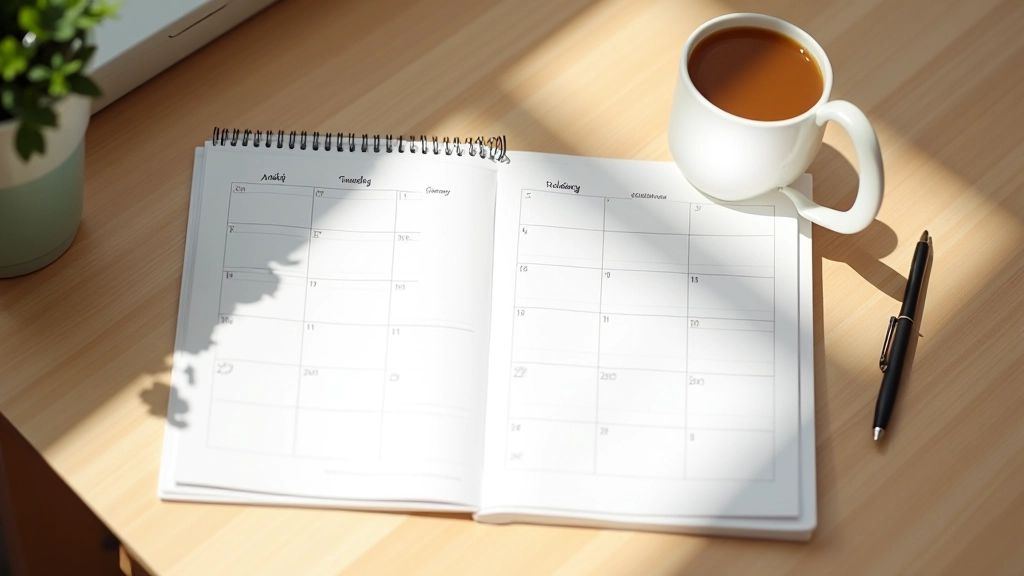 Sonniger Morgen mit Kalender und Kaffee auf dem Schreibtisch zur Tagesplanung