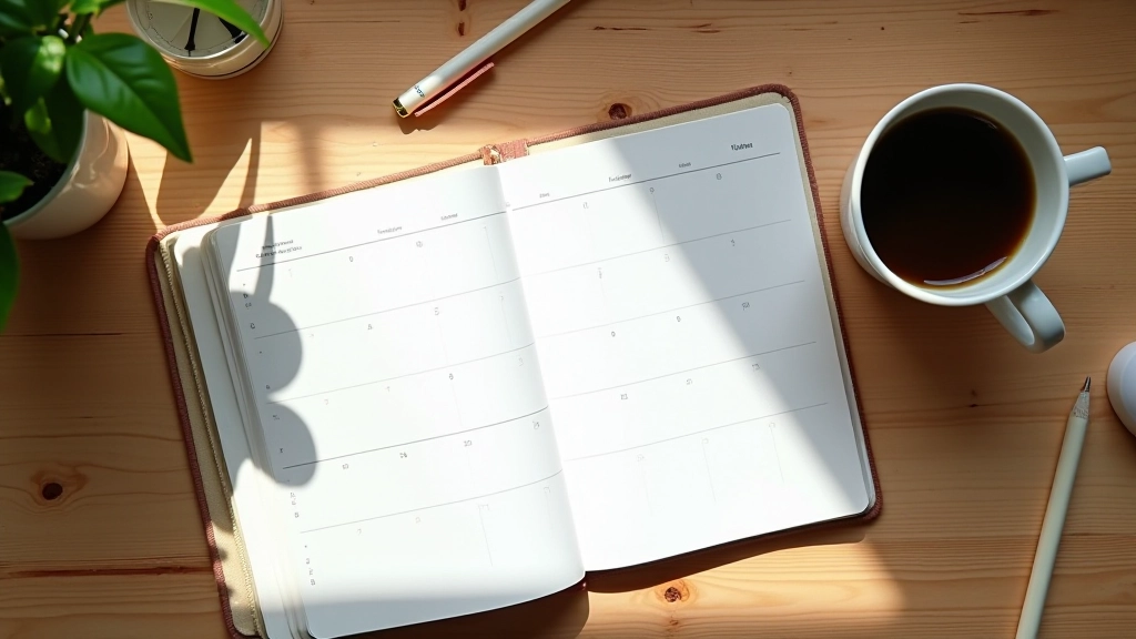 Offener Kalender und Notizbuch zur Wochenplanung mit Kaffee