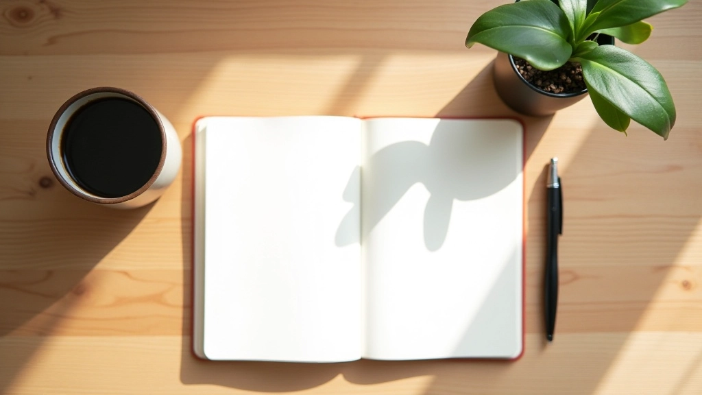 Schreibtisch mit Notizbuch, Stift und minimalistischer Einrichtung für konzentrierte Arbeit