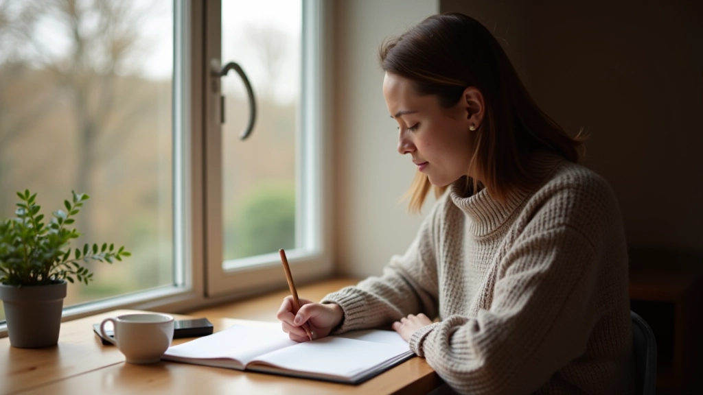 Person schreibt Wochenreflexion in ein Journal mit Tee daneben