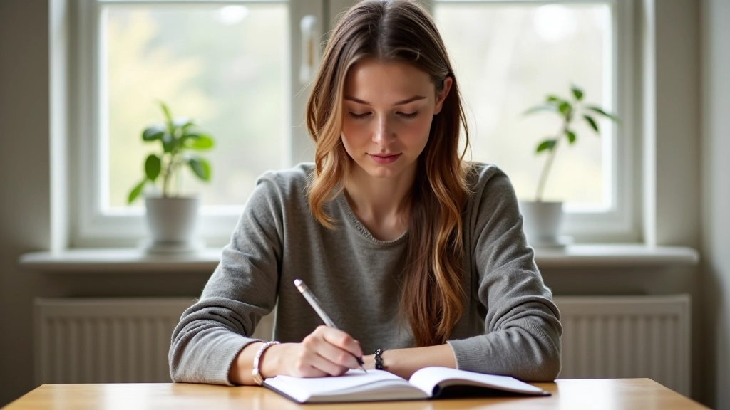 Frau sitzt an einem Schreibtisch mit Notizbuch und arbeitet konzentriert an einer Aufgabe
