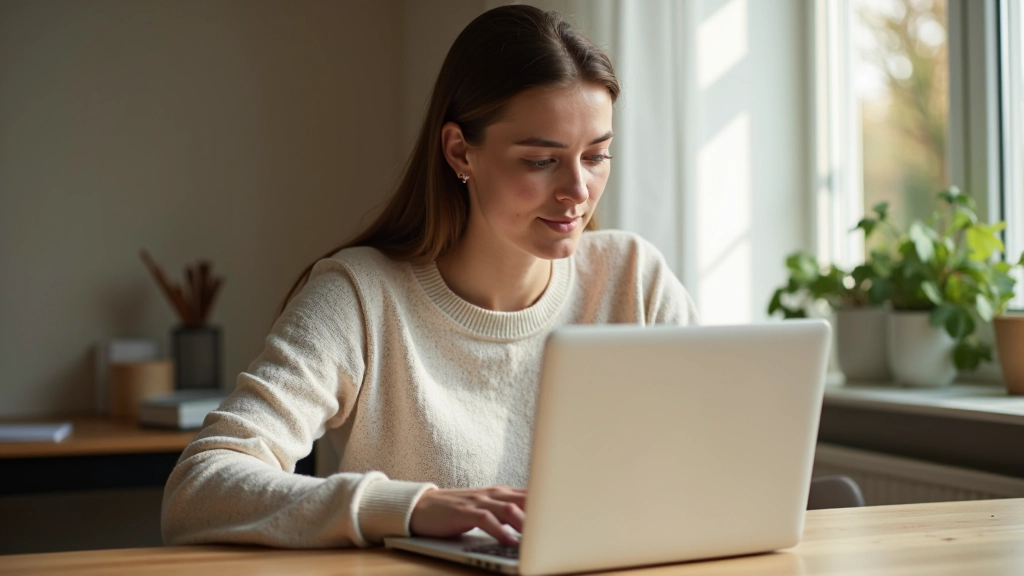 Frau arbeitet konzentriert an ihrem Schreibtisch mit Fokus auf eine einzelne Aufgabe